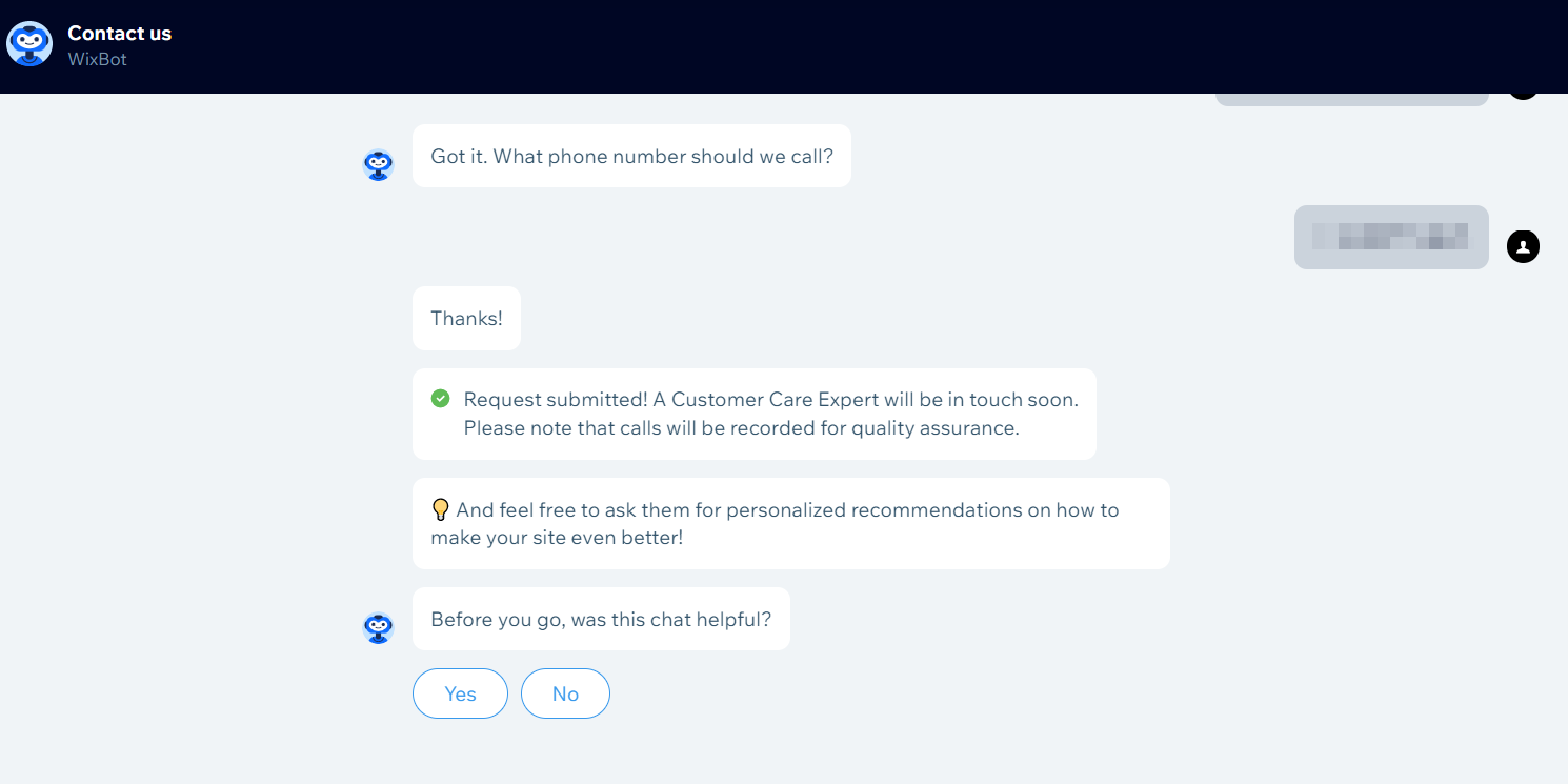 Chatbot-Unterhaltung, in der nach Ihrer Telefonnummer gefragt wird. Dort kann Anfrage auch gesendet werden.