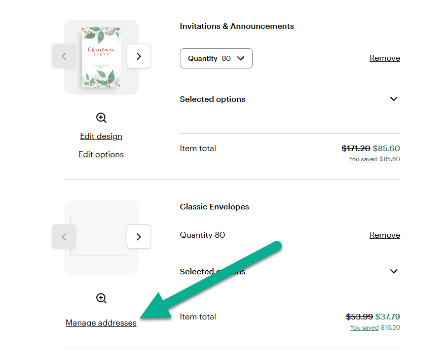 VistaPrint-Warenkorb. Link zur Adressverwaltung unter den Produktdetails für klassische Umschläge ist hervorgehoben.