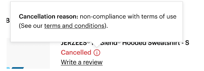 An Info icon next to the word ‘cancelled’ by an order. Selecting the icon reveals a pop-up with information about the cancellation.