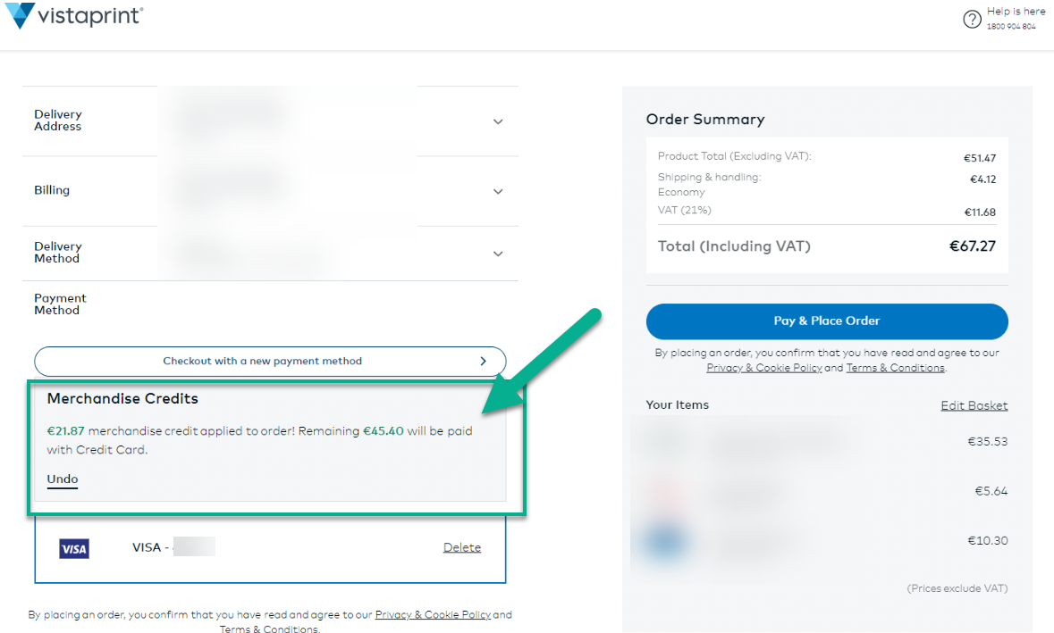 Checkout screen with an arrow pointing to the payment method Merchandise Credit.