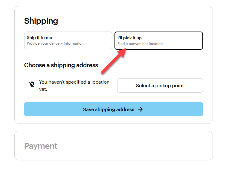 The delivery screen with an arrow pointing to ‘I'll pick it up’ which you choose if you want to select a Pickup Point.