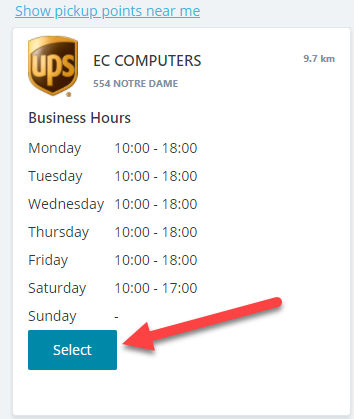 The opening hours for the selected pickup point, an arrow points to Select.