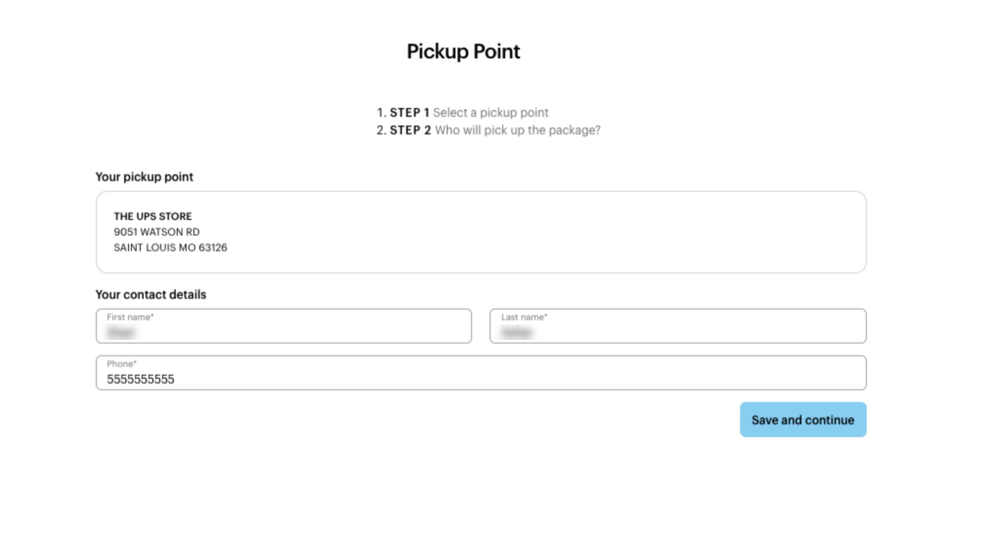 The delivery details screen on VistaPrint where you can review the details of the Pickup Point on the top left. It displays the details of the pickup point location and the person who'll pick up the package.