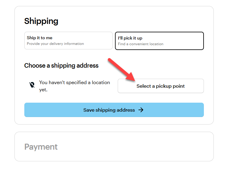 The delivery screen with an arrow pointing to ‘Select a pickup point’.