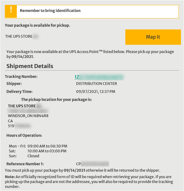 A notification from UPS stating that the package is ready for pick up.