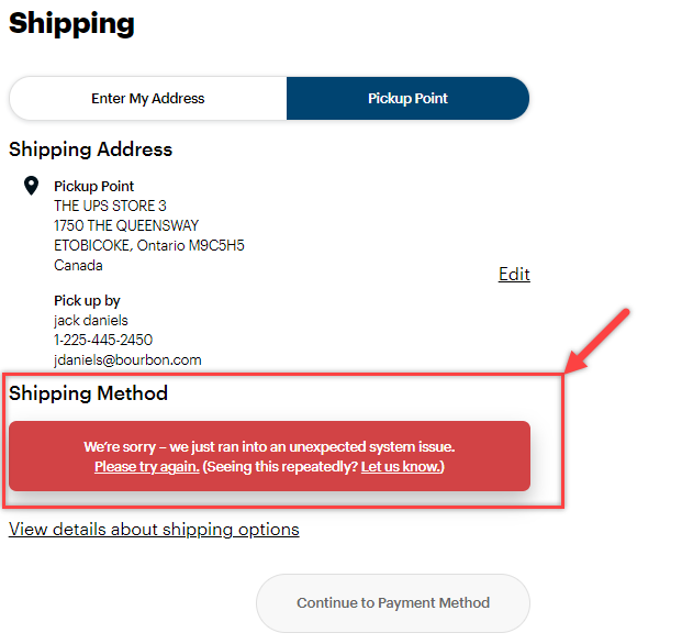 An error when choosing the Pickup Point. An arrow points to the error.