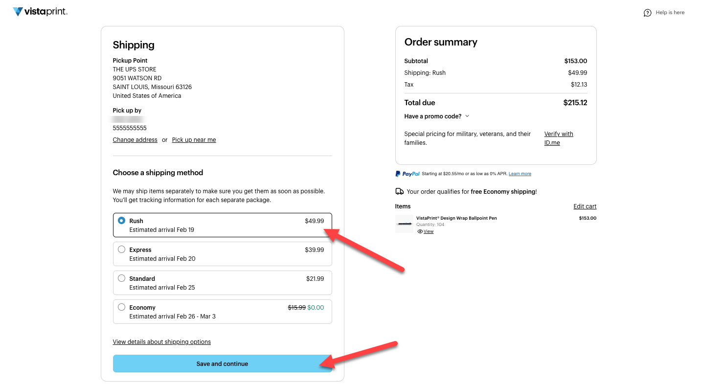 The delivery screen of VistaPrint with an arrow pointing to the selected delivery method (Rush) and an arrow pointing to ‘Save and continue’.