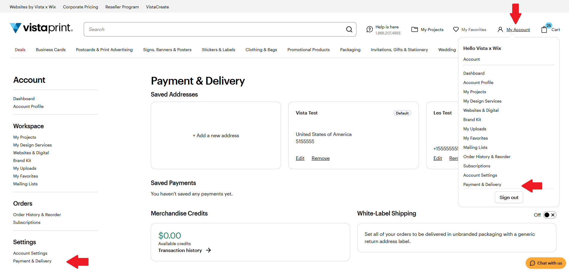Red arrows on the VistaPrint site point to My Account and the Payment & Delivery link in both the account drop-down and sidebar menu.