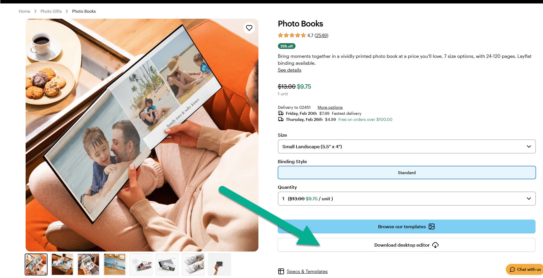The VistaPrint Photo Books product page with the option to "Download desktop editor" highlighted.
