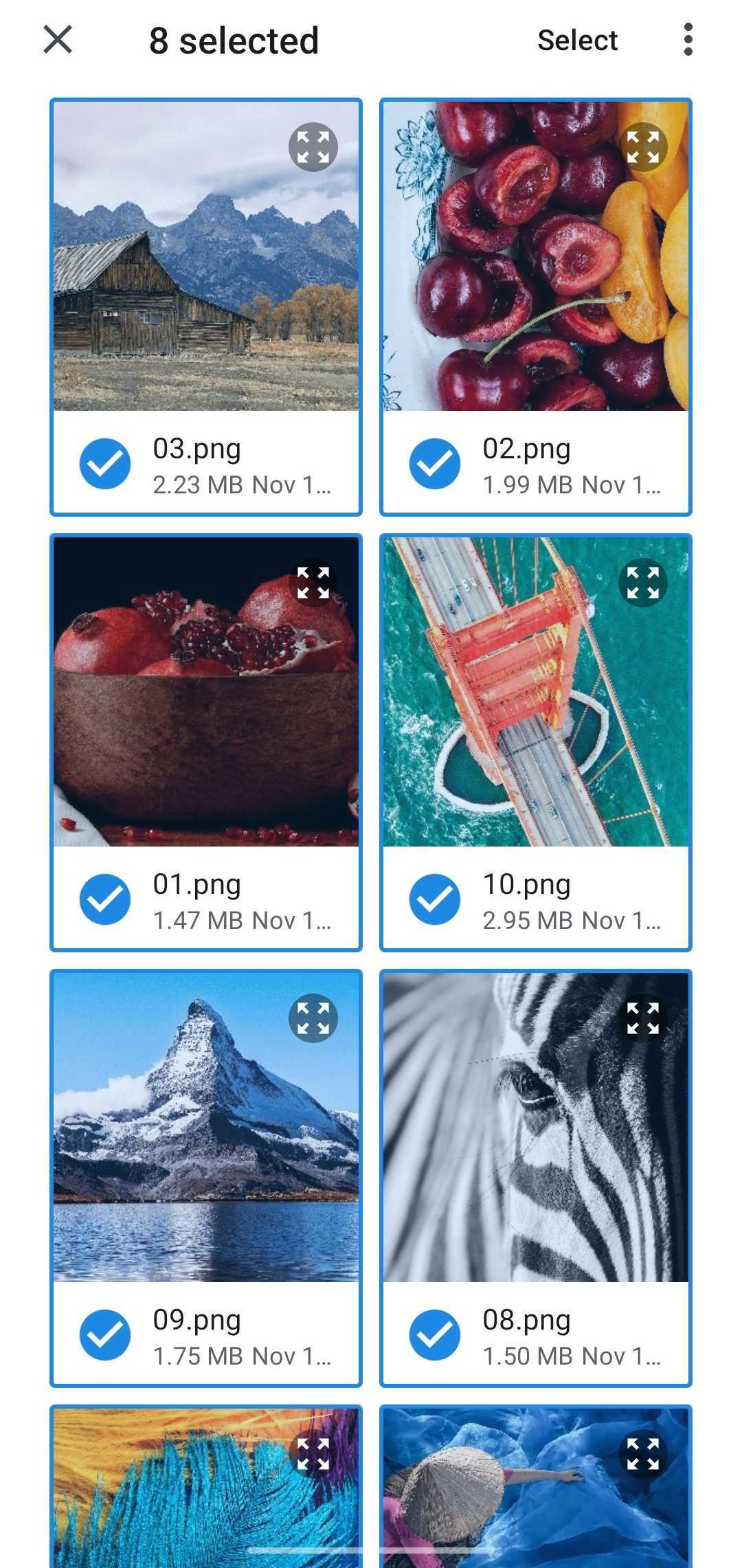 A mobile gallery with various photos selected.