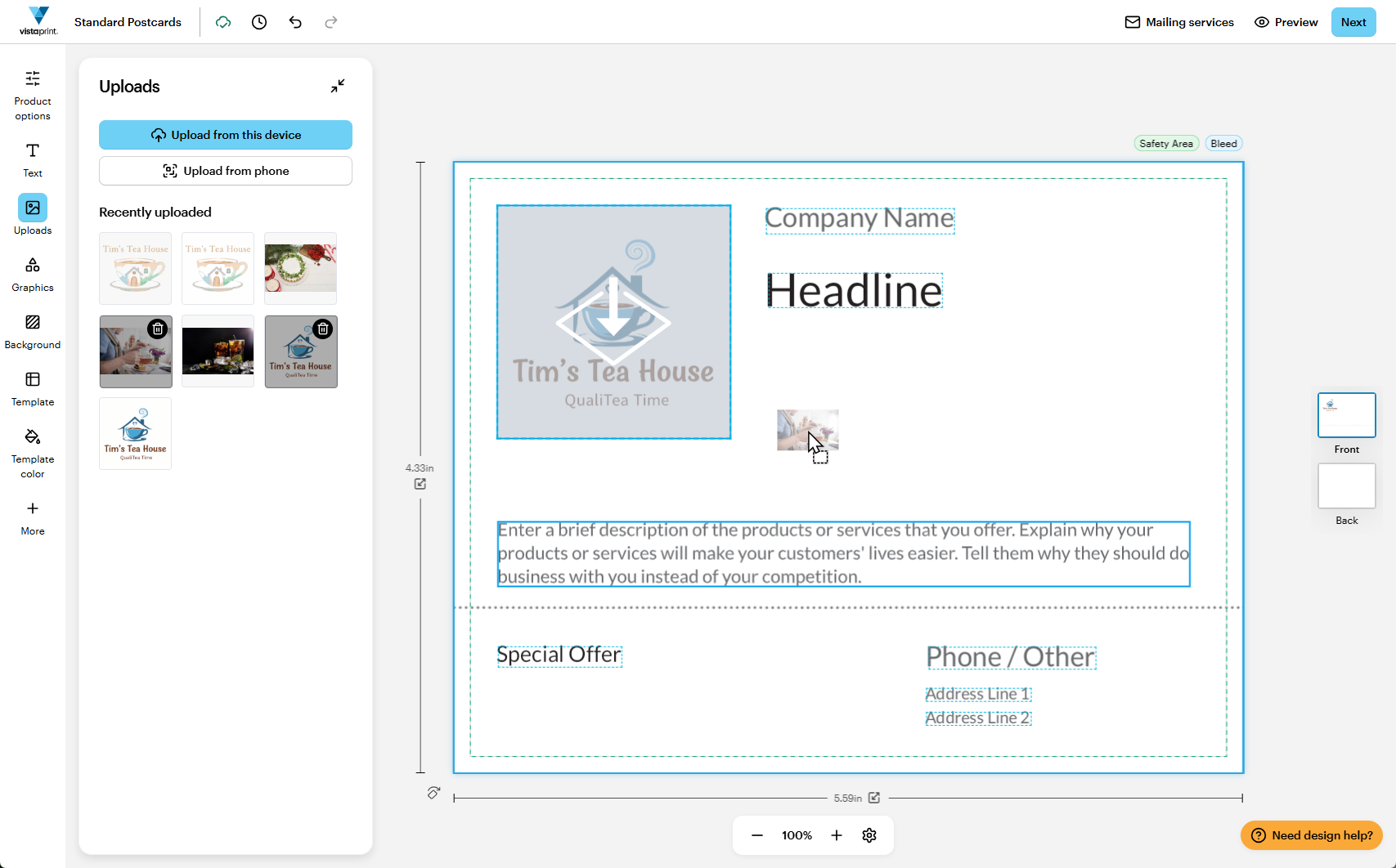 An image from the uploads tab is dragged onto the design canvas to be placed
