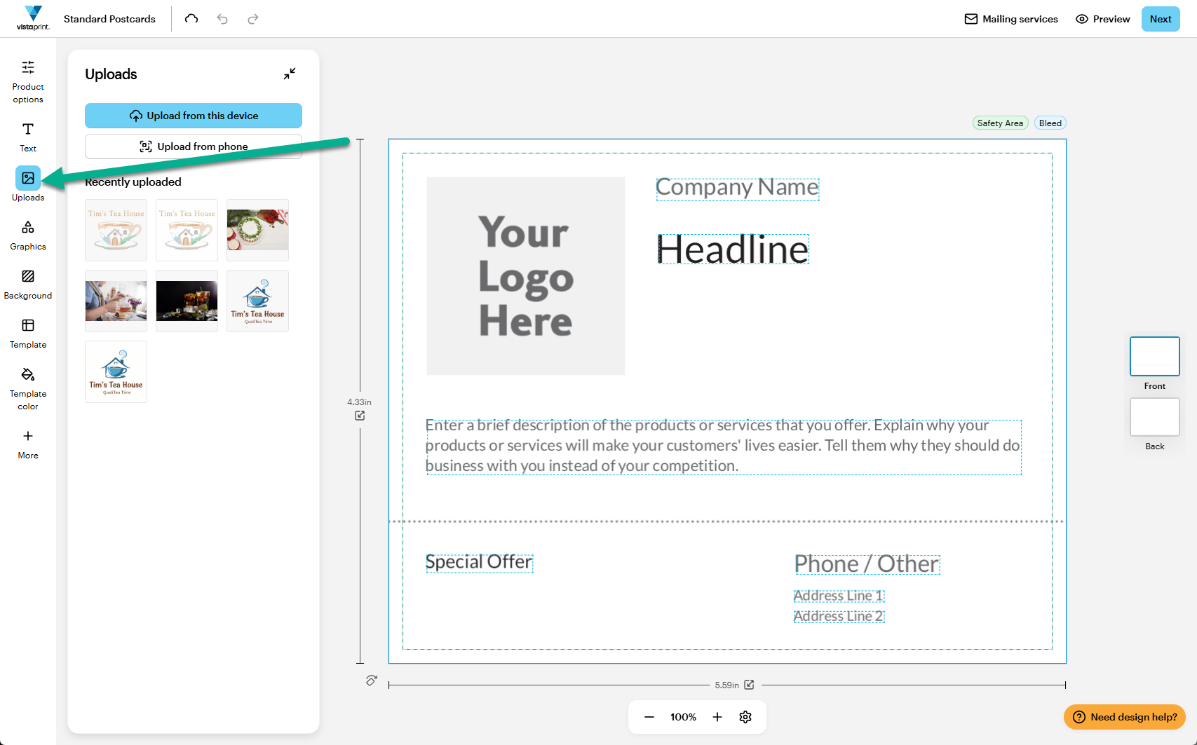 An arrow points to the uploads tab in the left-hand side menu of the VistaPrint studio.