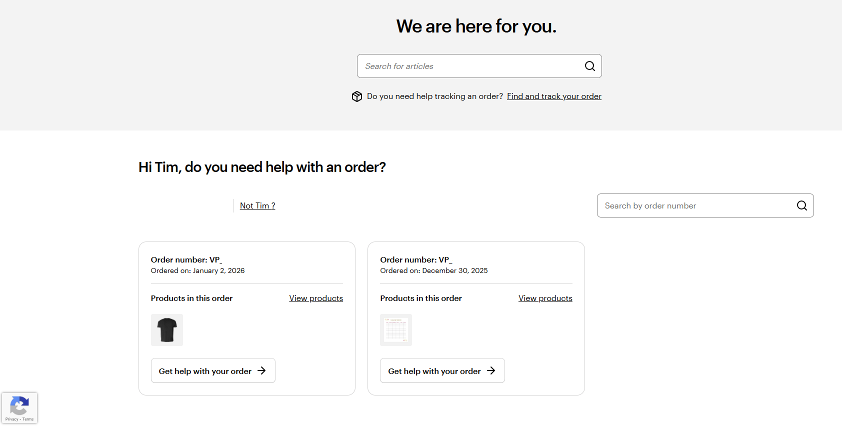 The VistaPrint help centre displays recent orders with options to search by order number or select Get help with your order for specific items.
