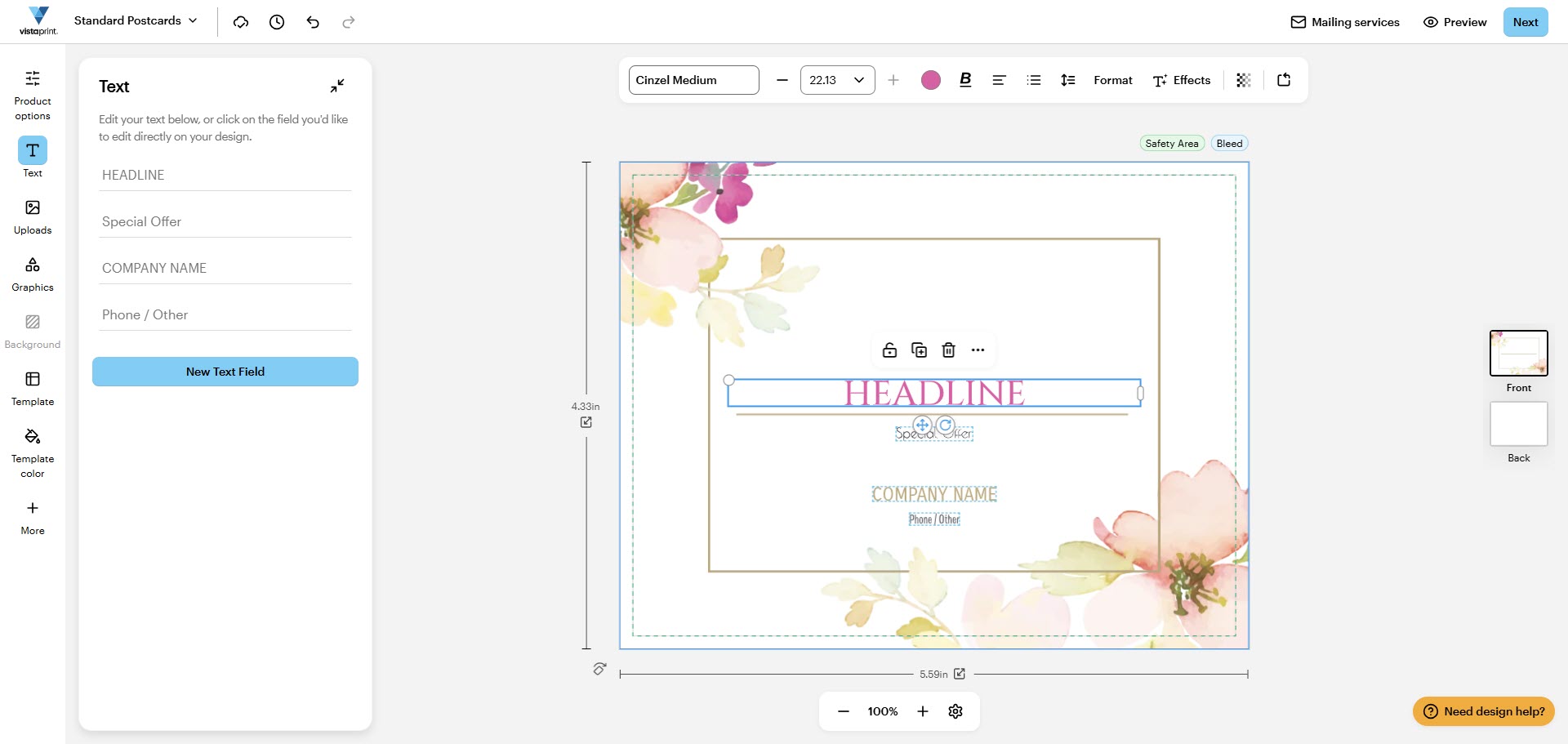 A text box containing the word HEADLINE is selected in the design studio, showing the editing toolbar and surrounding design elements.