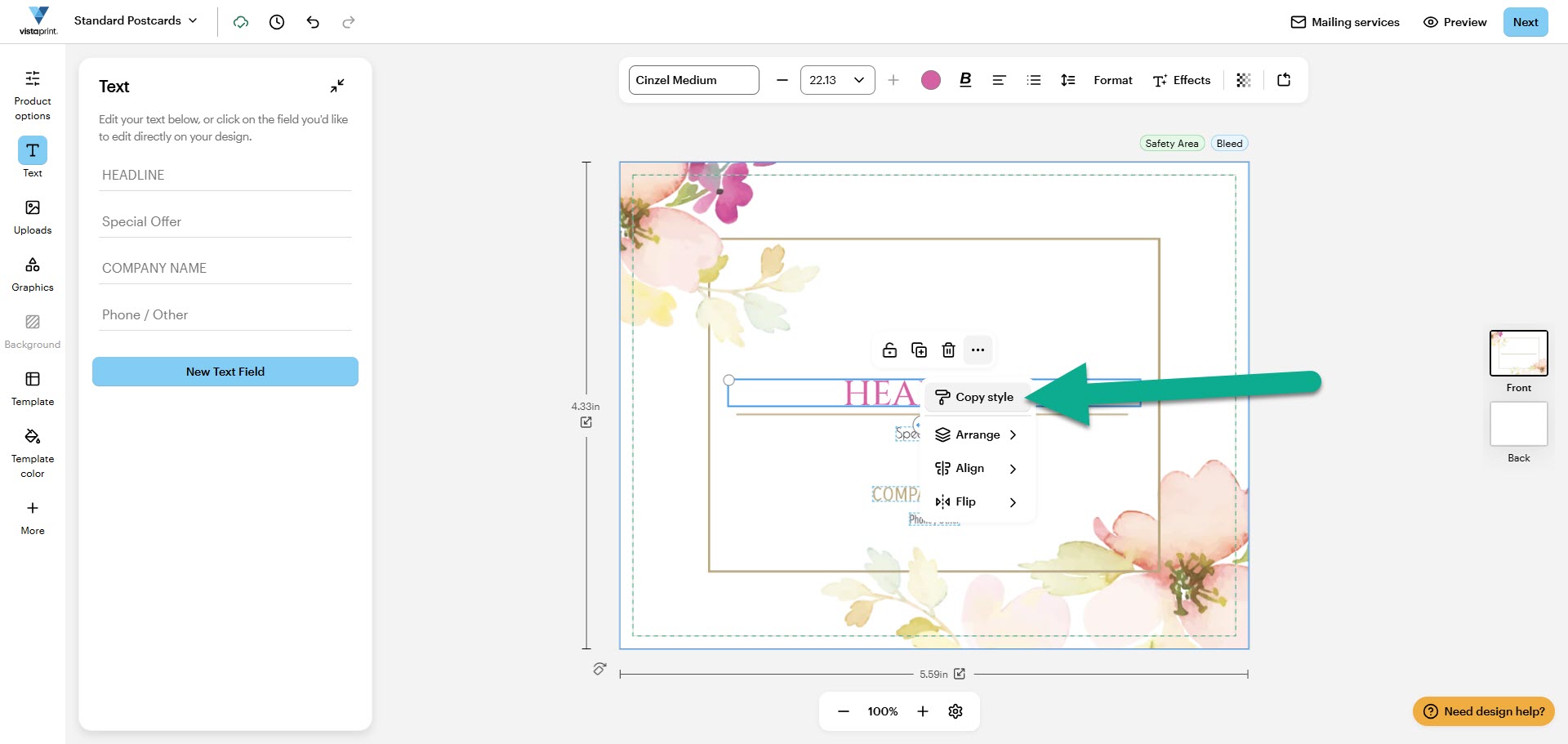 The options menu is open for a selected text box, with an arrow pointing to the Copy style button marked by a paint roller icon.