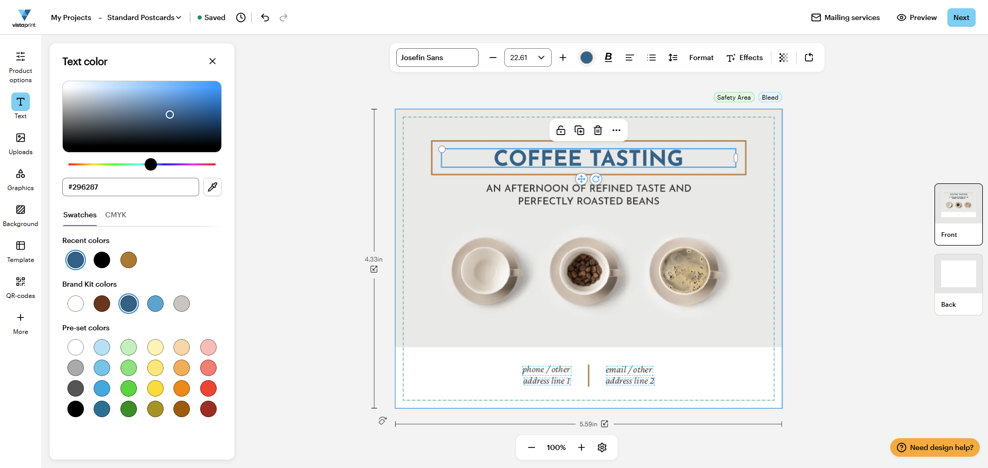 The Text colour panel displays a library of swatches; a blue one has been selected and the selected text field is the same colour