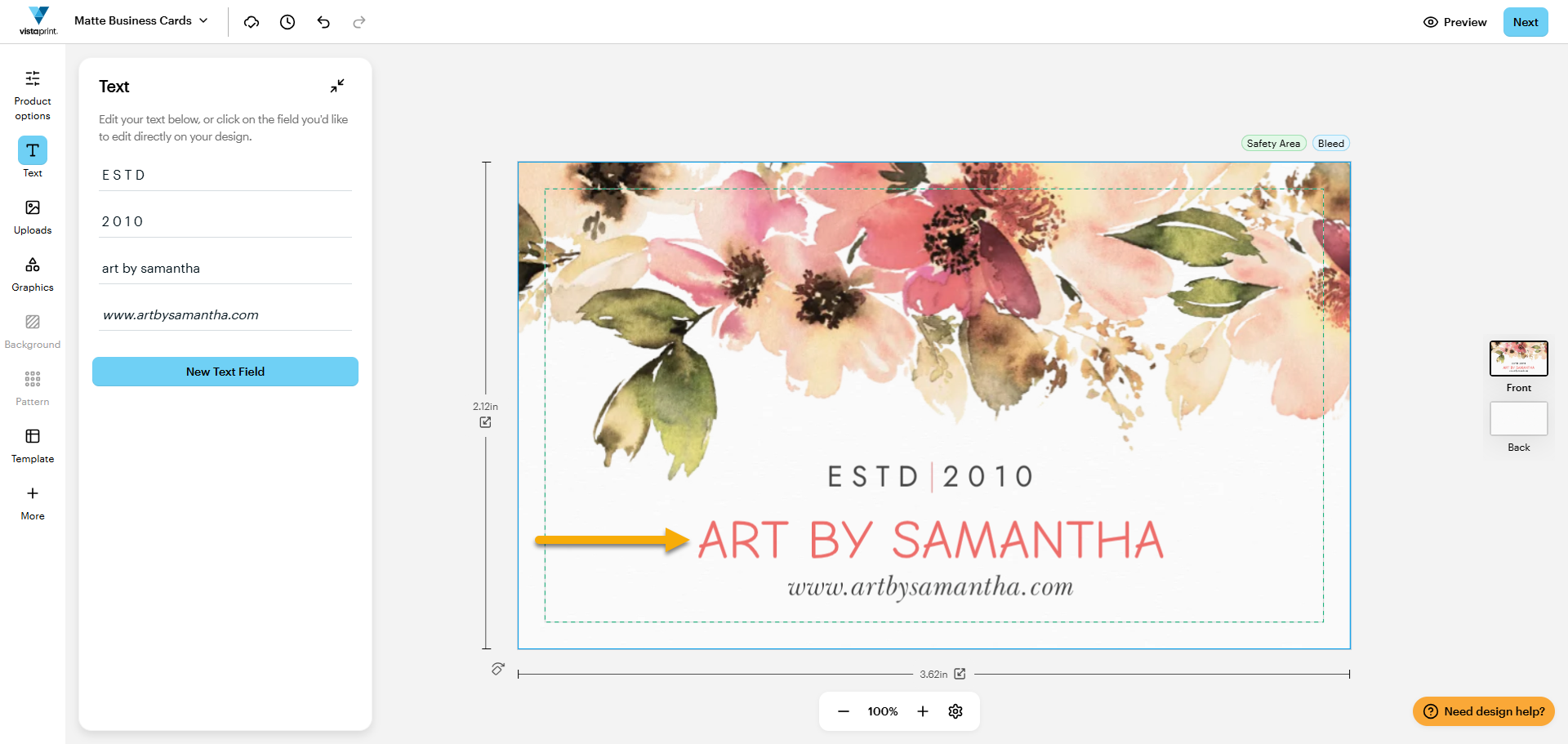 A design in the VistaPrint Studio with an arrow pointing to where to select the text field you want to adjust.