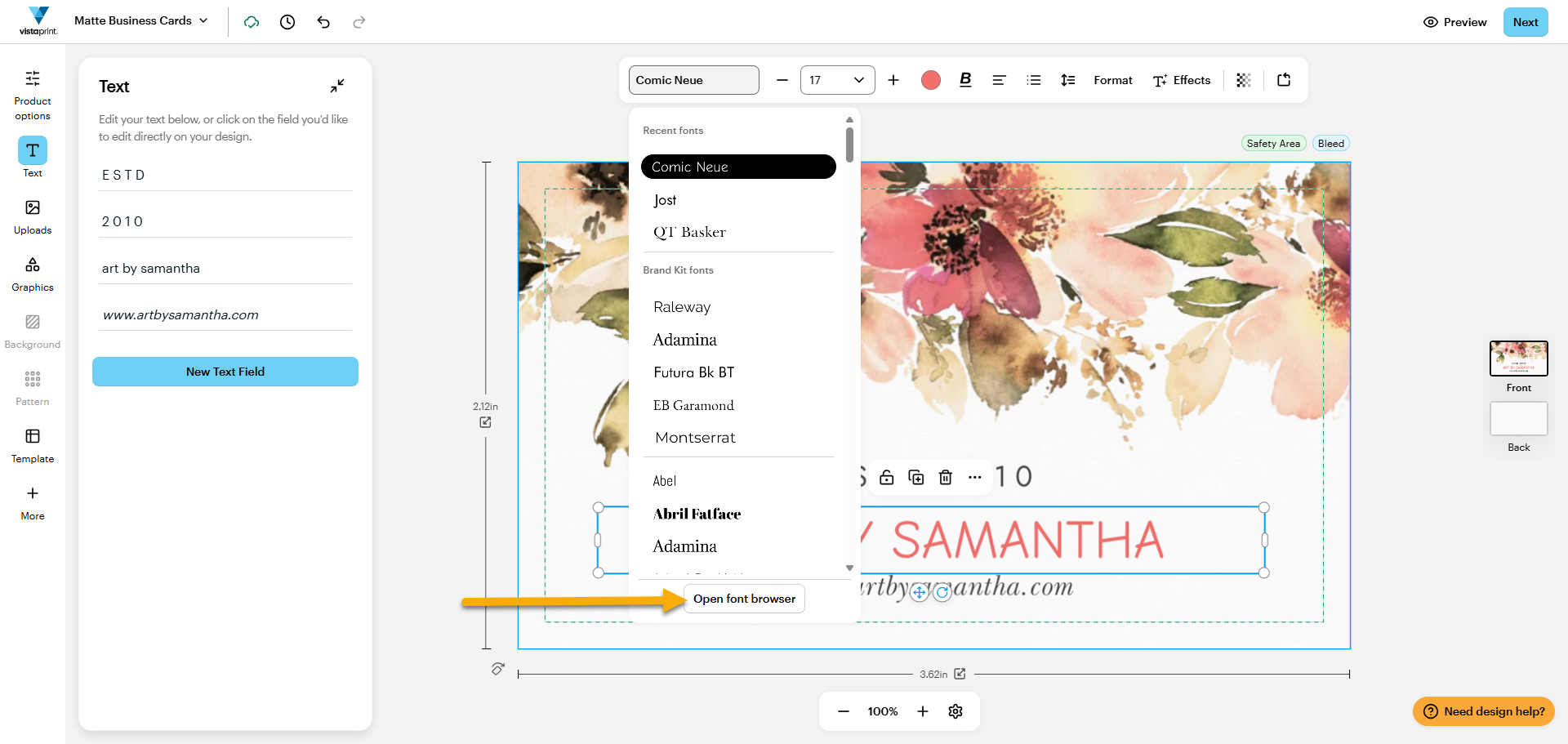 A design in the VistaPrint Studio with the font selection menu opened. An arrow points to the font browser at the bottom.
