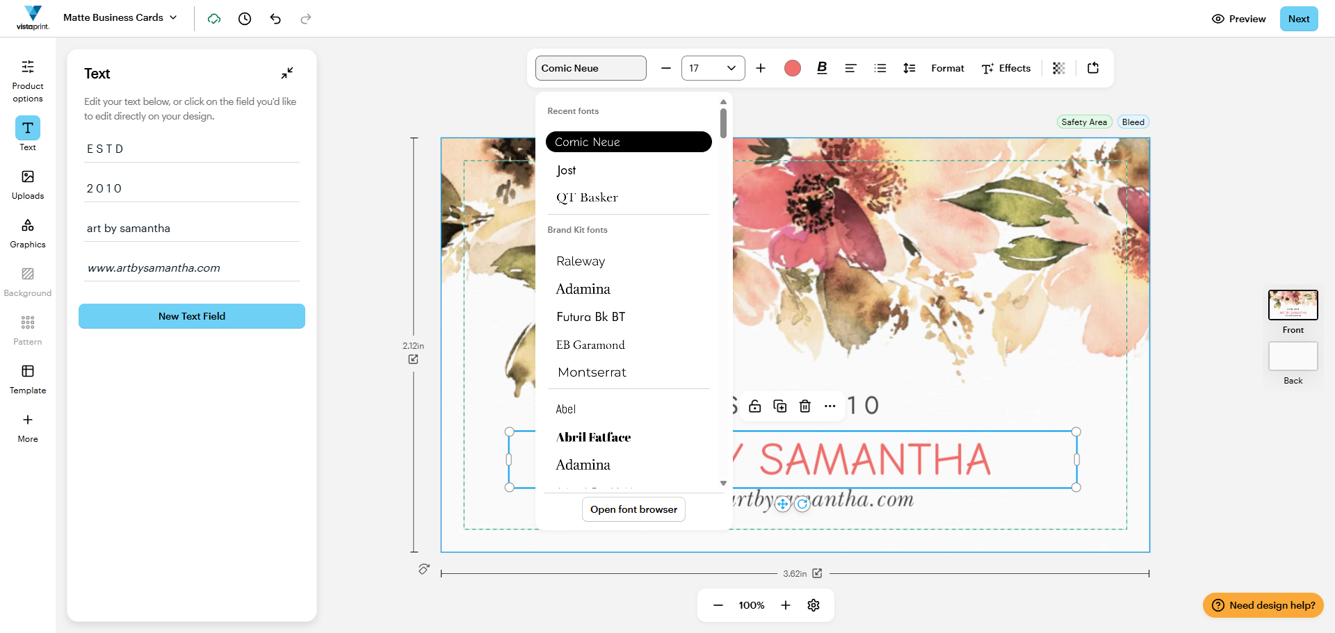 A design in the VistaPrint Design Studio with the font selection menu opened. Recently used fonts are on top. Brand Kit fonts follow below. All other fonts are at the bottom. You can navigate these.