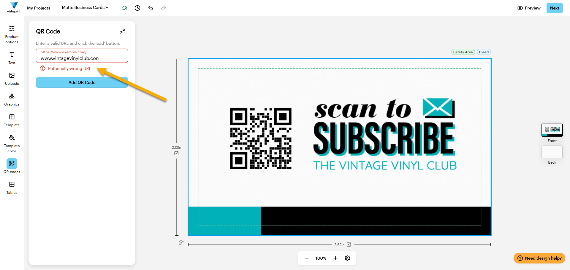 A business card design in the VistaPrint Studio with an arrow pointing to the QR code link. The QR code link is spelled incorrectly and the studio gives a warning.