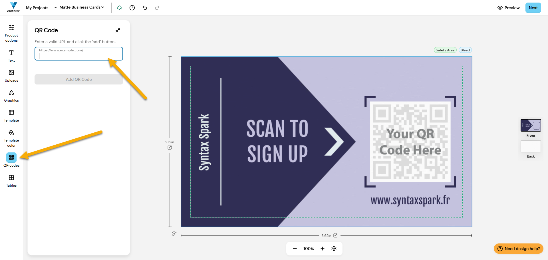 A business card design in the VistaPrint Studio with arrows pointing to where you can generate a QR code: in the tool panel on the left at the bottom, right above Tables.