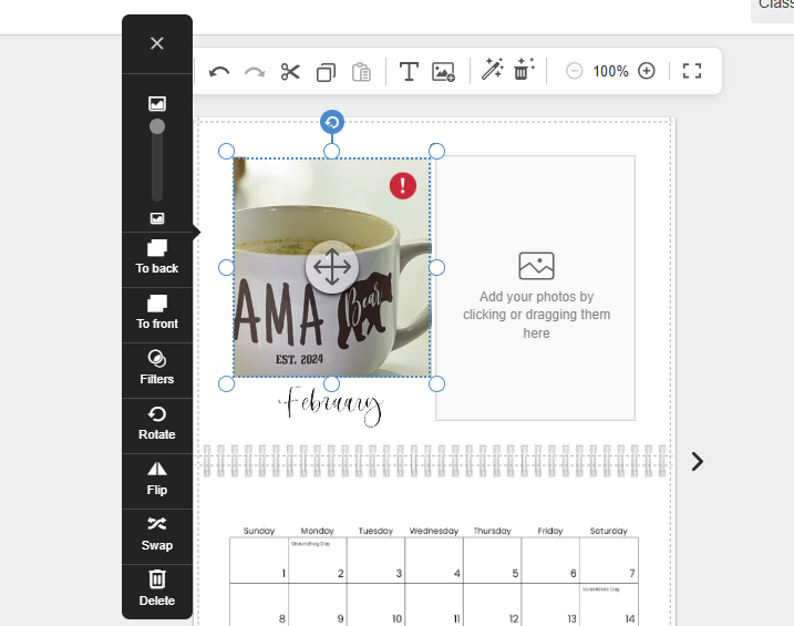 A vertical slider at the top of the image edit menu is used to zoom in or out on the content within the photo frame. In this picture the image is zoomed.
