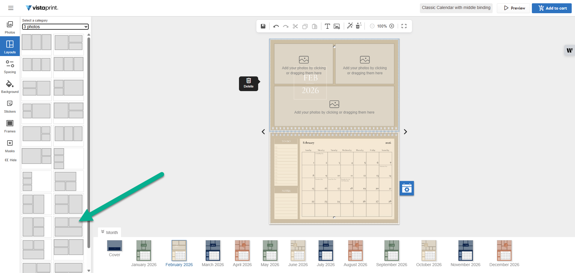 In the VistaPrint calendar Studio, an arrow points to a specific three-photo grid option within the Layouts sidebar to apply it to the page.