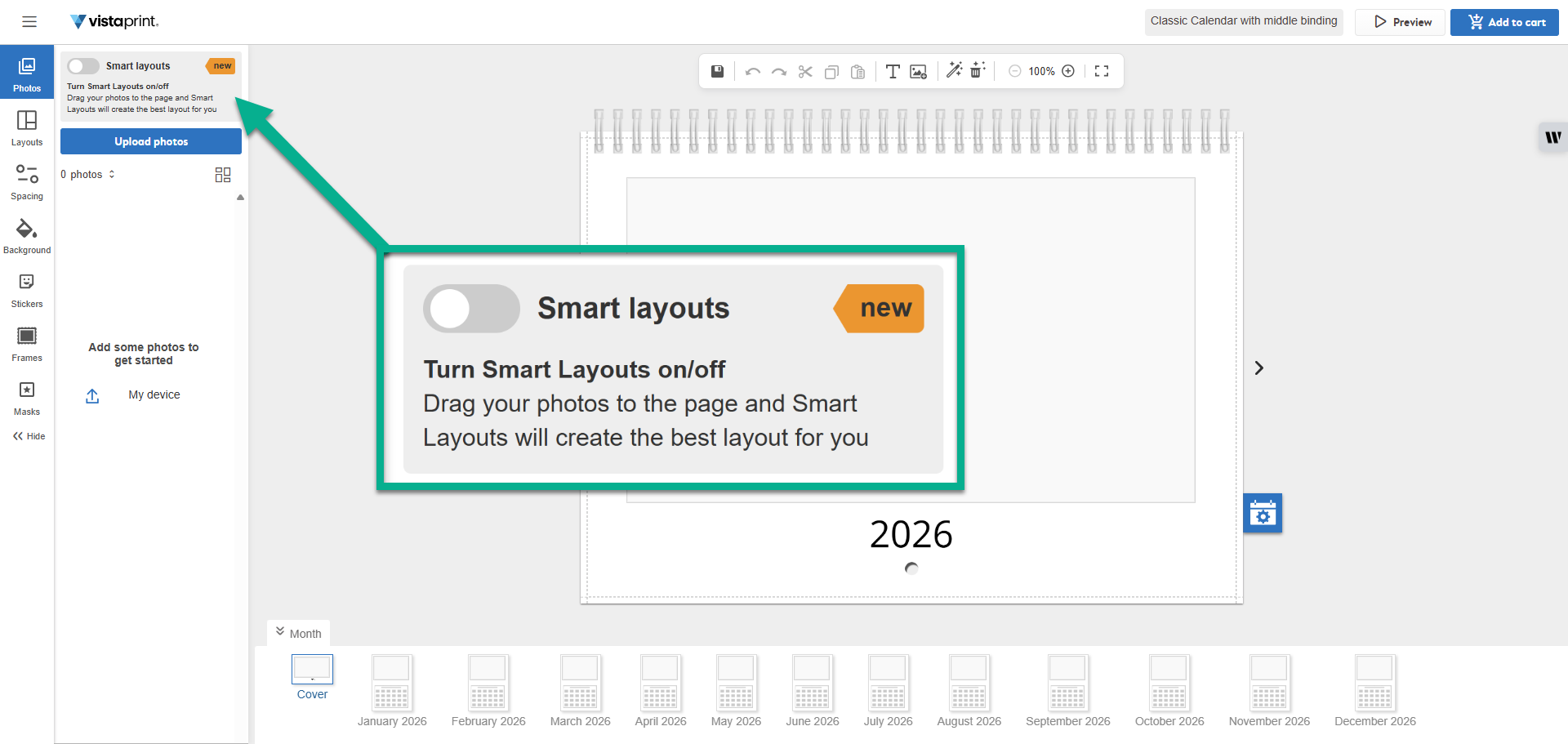 In the VistaPrint calendar Studio, an arrow and zoomed-in callout highlight the toggle switch to turn Smart Layouts on or off.