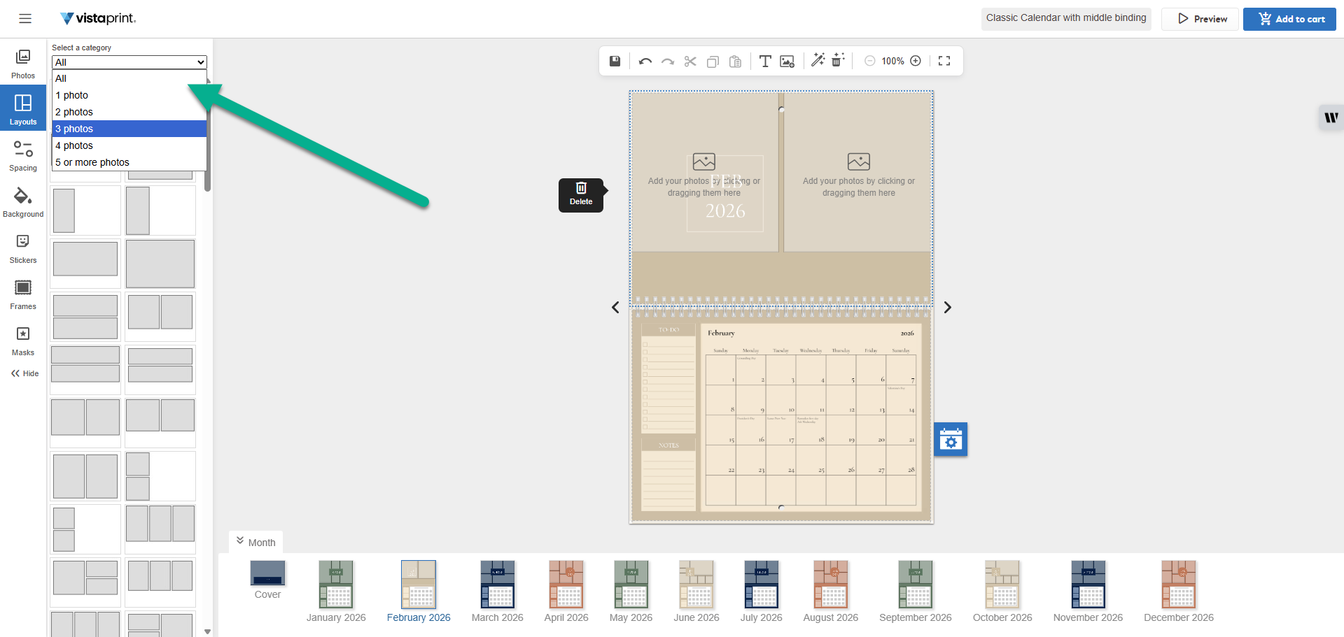 In the VistaPrint calendar Studio, an arrow points to the Select a category dropdown menu to filter page layouts by the number of photos.