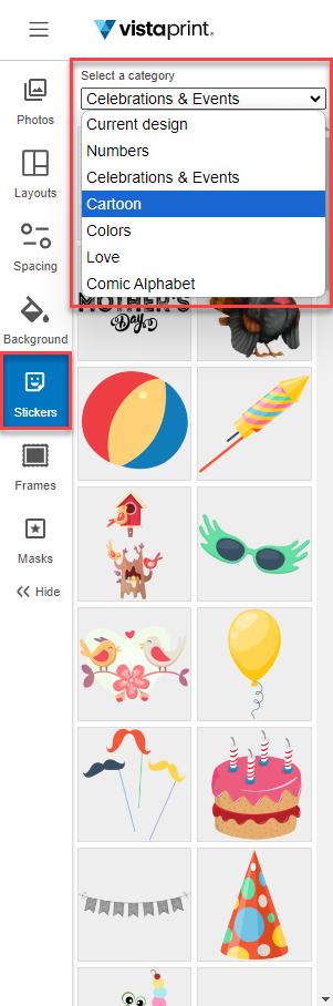 The sticker category list showing various themes