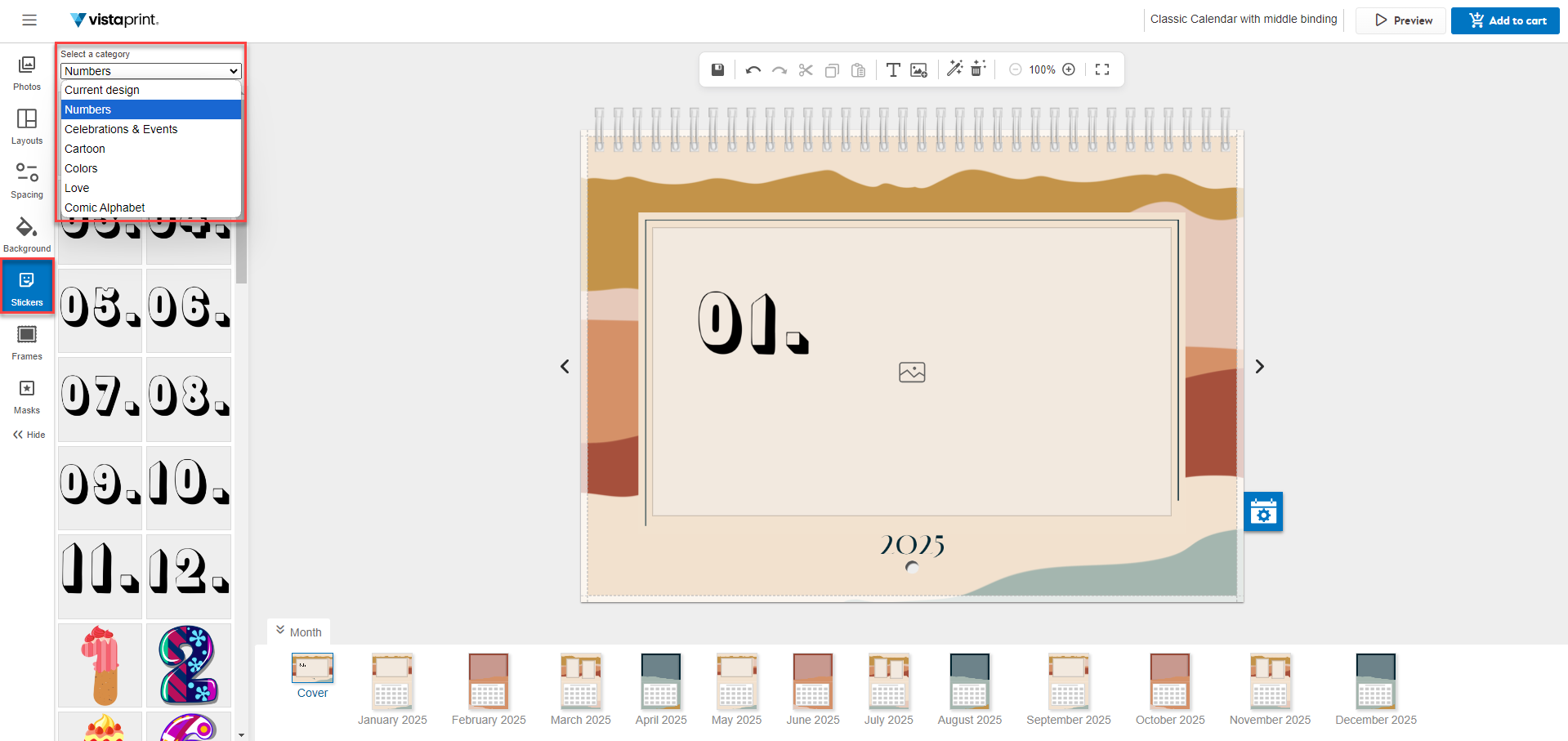 The left-hand navigation menu with the Stickers icon selected