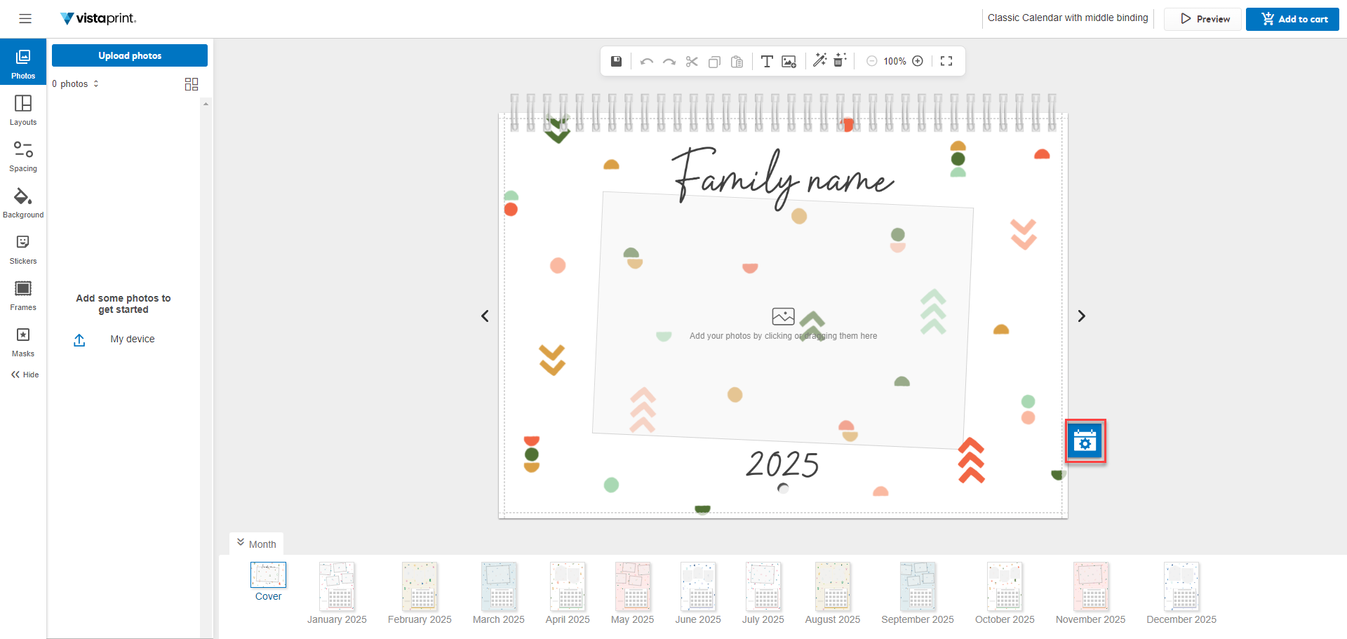 Calendar view with the calendar icon highlighted to open settings.