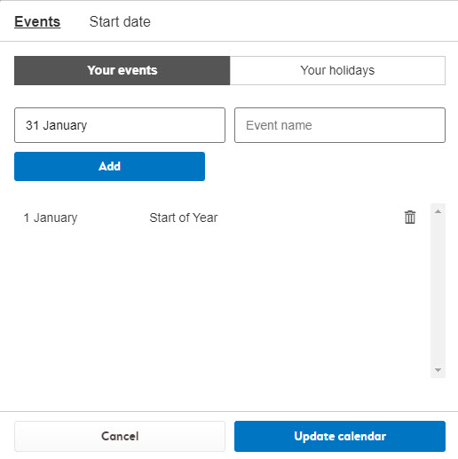 Events tab showing fields to add an event name and select a date.