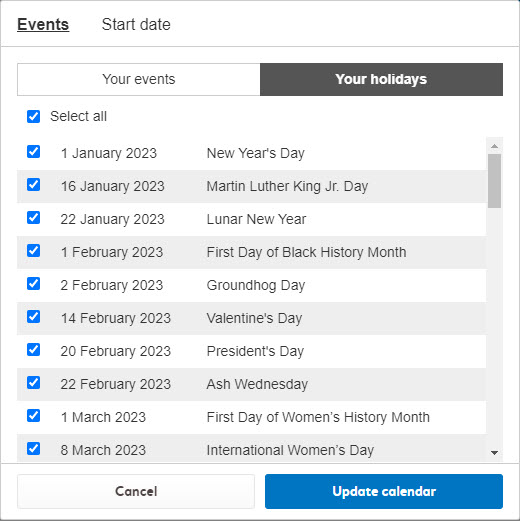 Holidays tab with tick boxes to choose which holidays appear.