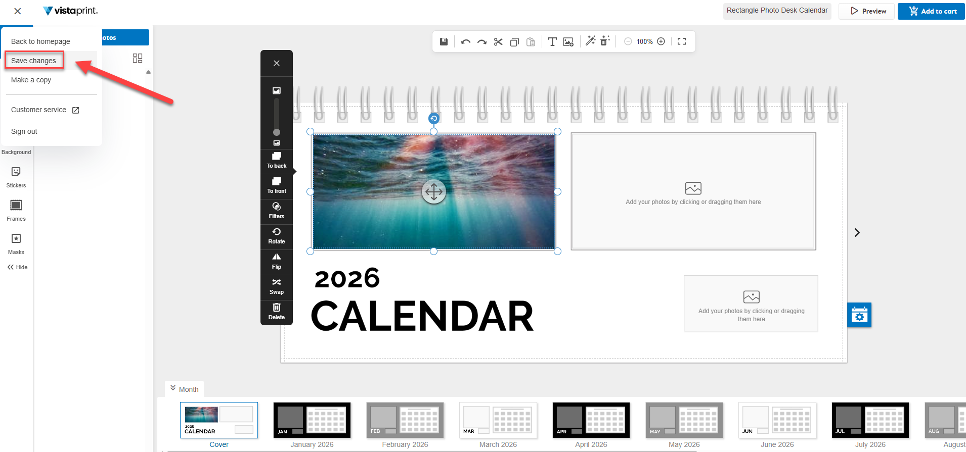 The VistaPrint calendar studio. An arrow points to the option ‘Save Changes’ in the top left corner.