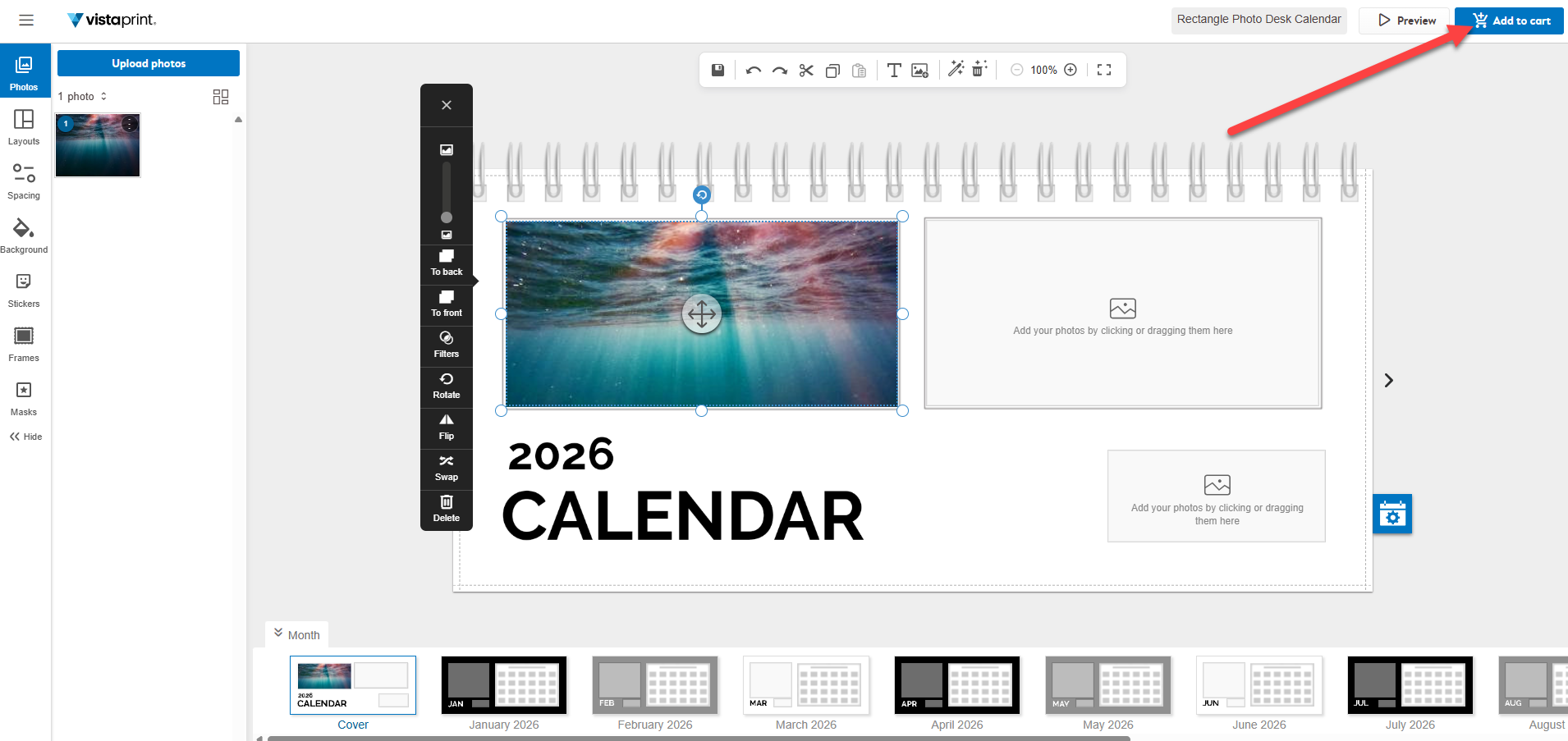 The VistaPrint calendar studio. An arrow points to the Add to cart option.