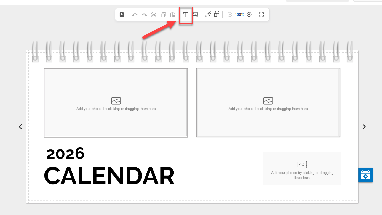 The VistaPrint calendar studio. An arrow points to a ‘T’ text icon in the menu above the calendar canvas.