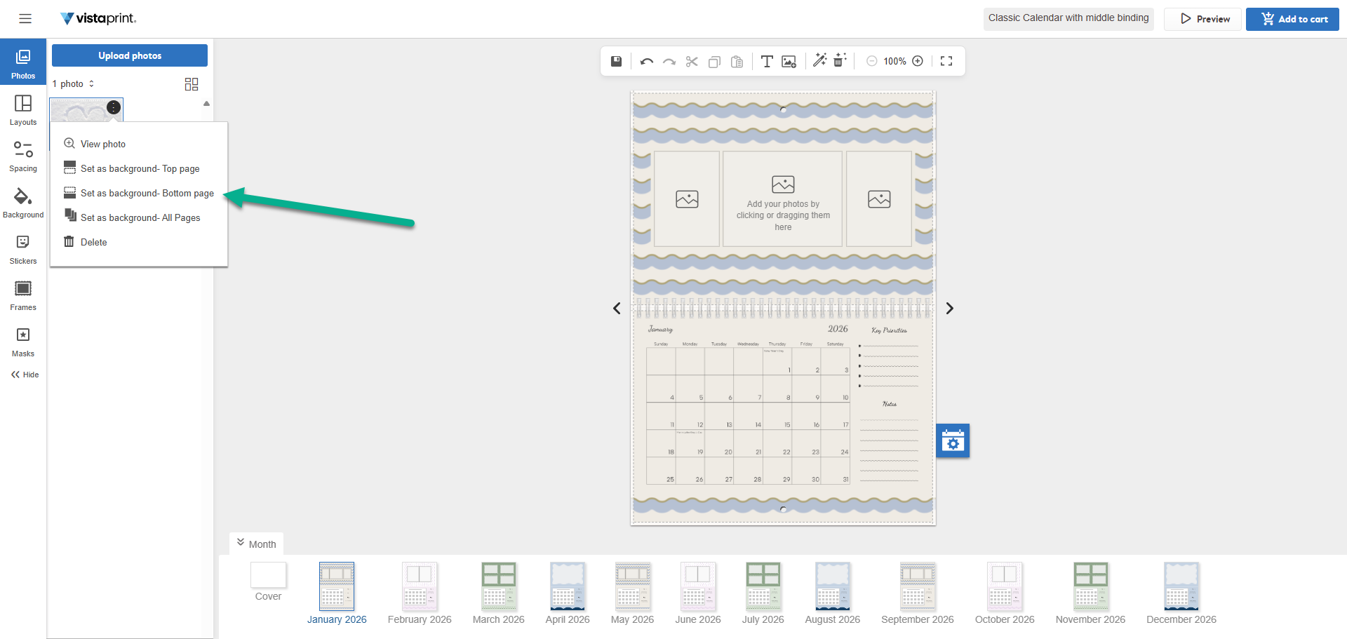 Menu showing options for using the photo as background for top, bottom or all pages