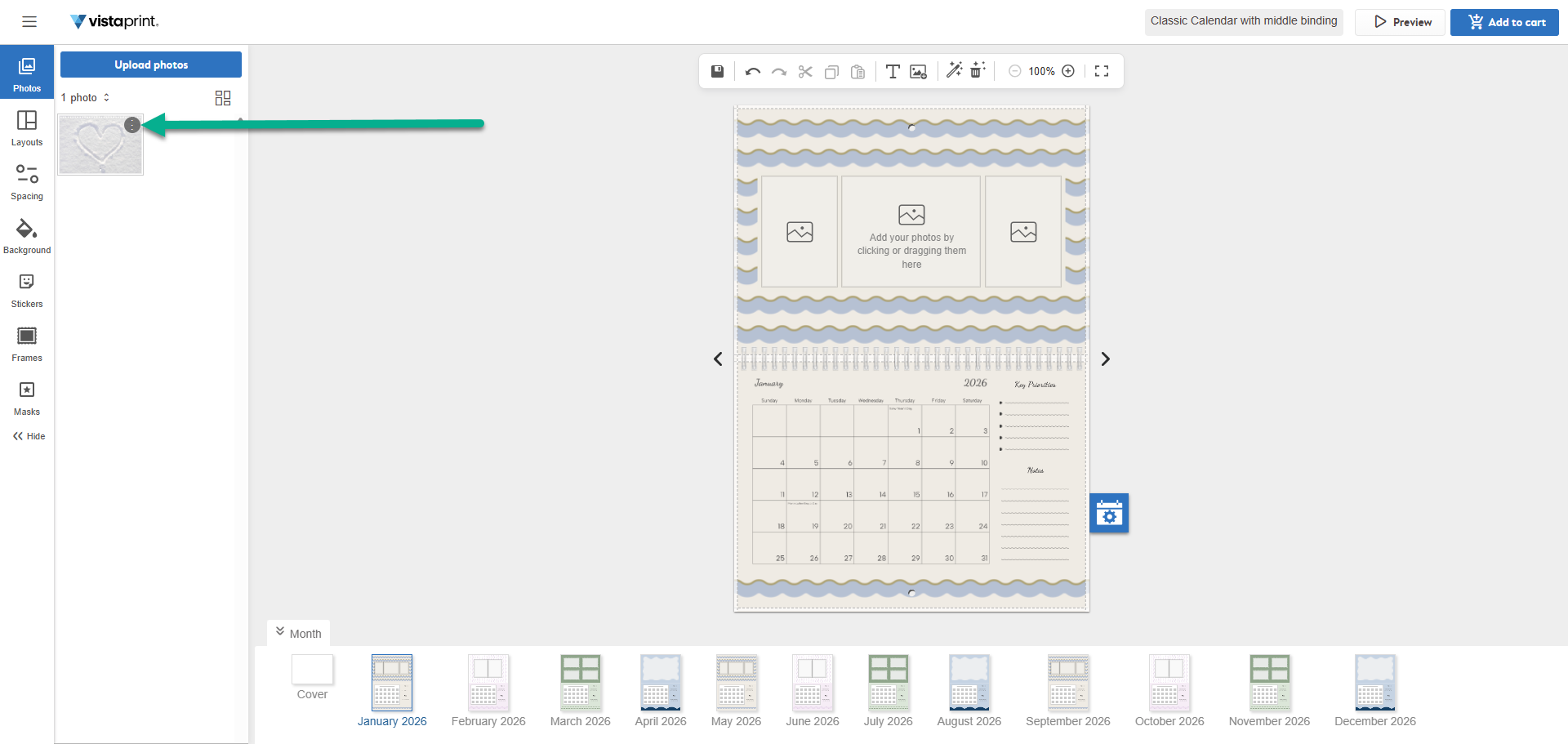 Photo gallery in the calendar studio with an arrow pointing to the three-dots menu for a specific photo.