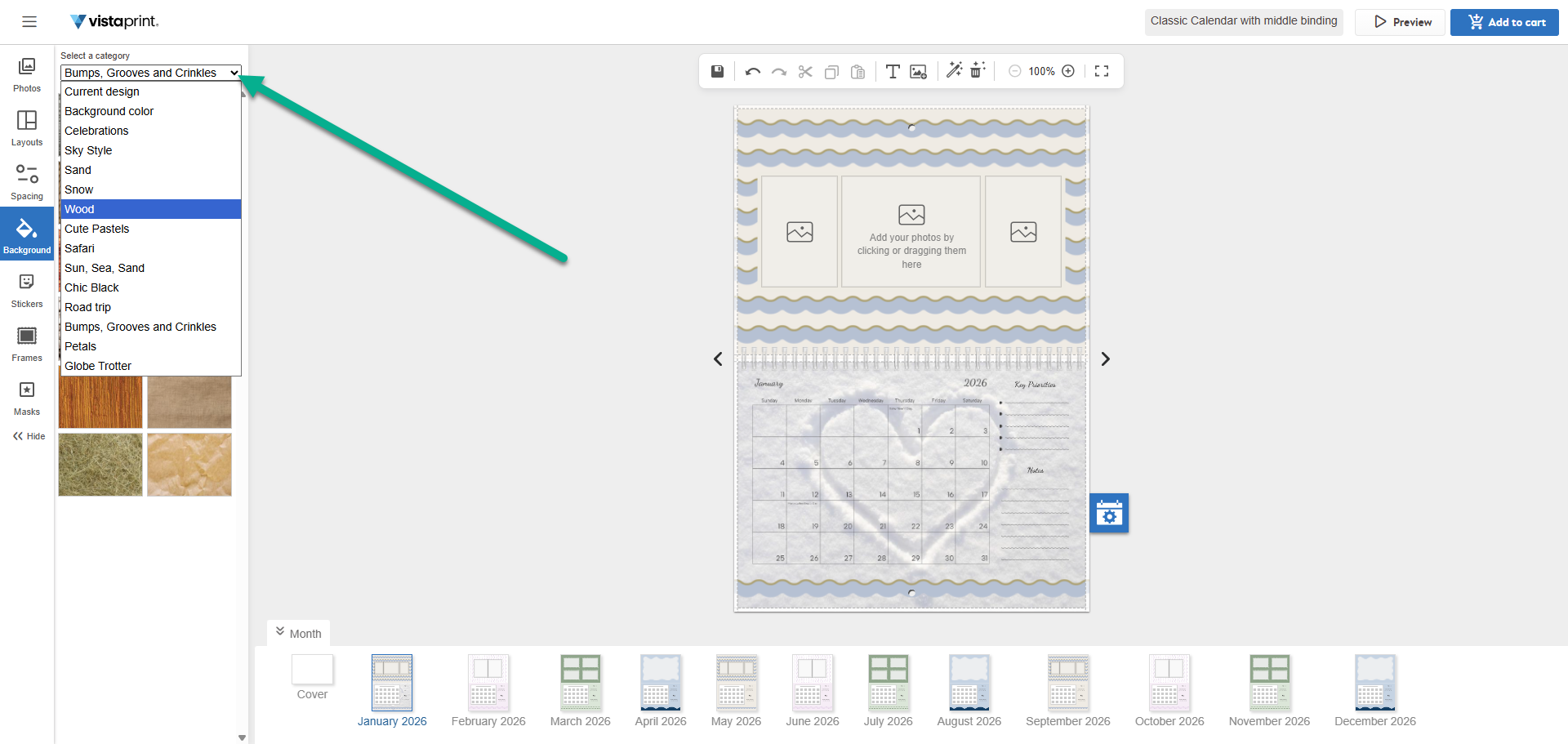 Background gallery in the calendar studio with the Category drop-down menu expanded to show different background categories.