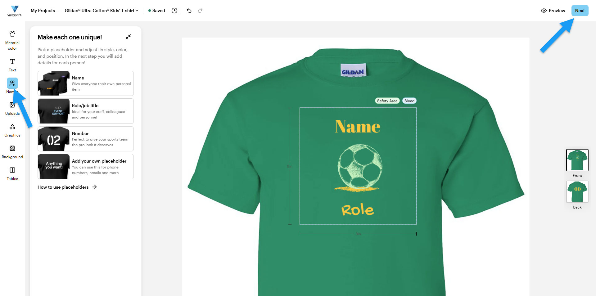 VistaPrint studio with the Names feature selected, showing placeholders for name, role and number in the design, with a blue arrow pointing to the Next button.