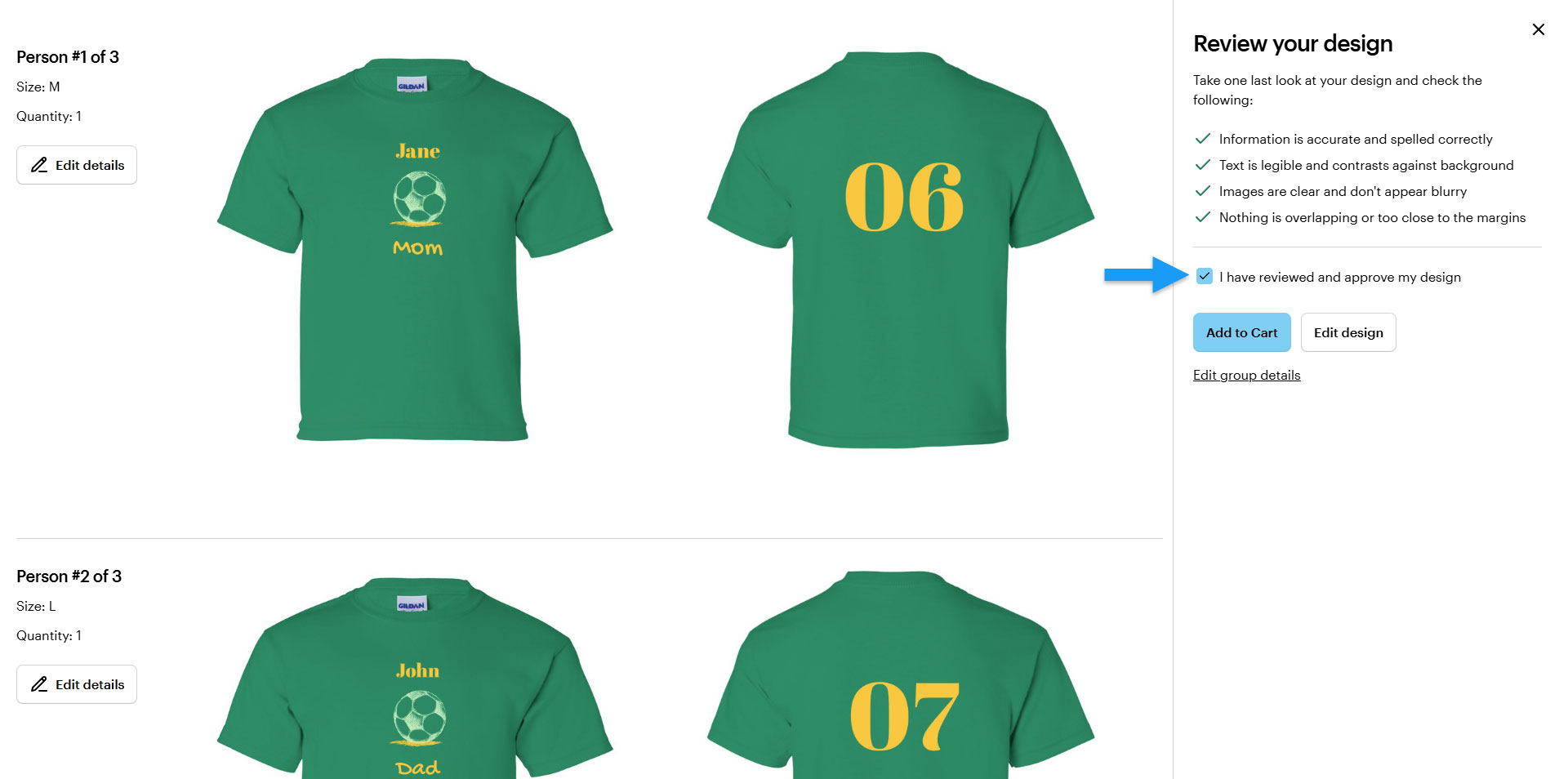 Review design panel showing the final T-shirt preview, with a tick indicating approval and a blue arrow pointing to the Add to basket button.