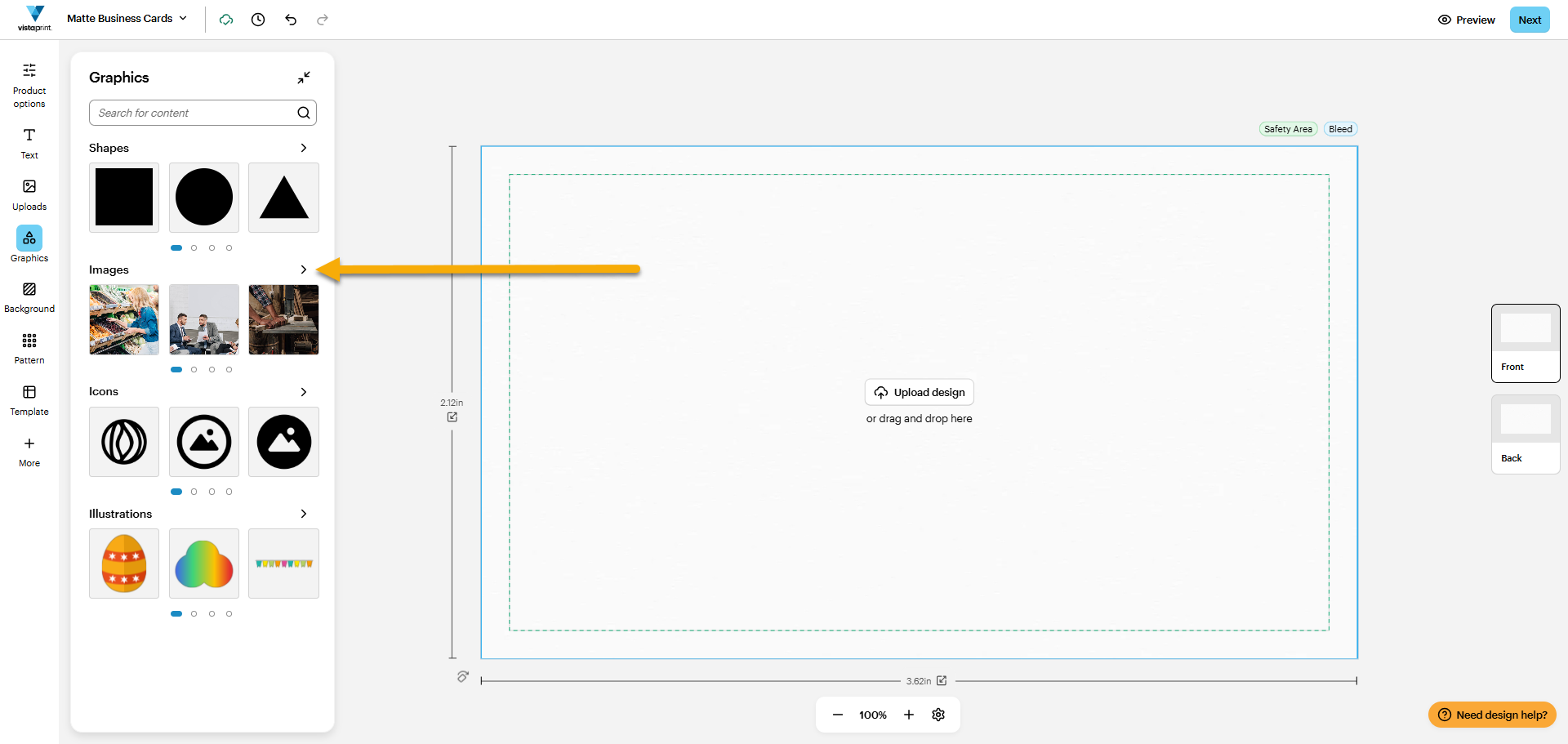An empty design in the VistaPrint Studio with the Graphics menu opened. An arrow points to the arrow icon for Images where you can open the image library.