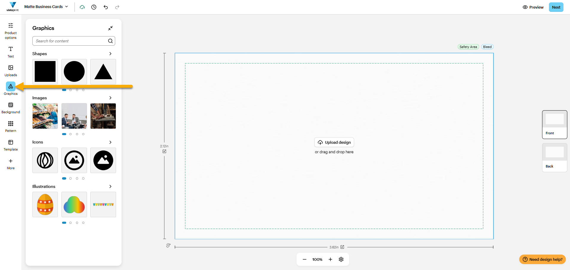 An empty design in the VistaPrint Studio with an arrow pointing to Graphics where you can add shapes, images, icons and illustrations to your design.