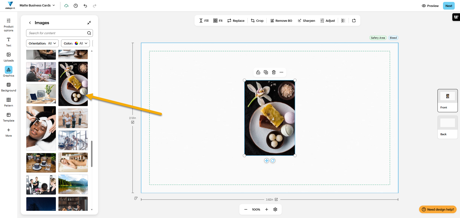 A design in the VistaPrint Studio with the image of a dessert chosen from the library on the left. An arrow points to the same image in the image library. There is also the option to browse images at the top.