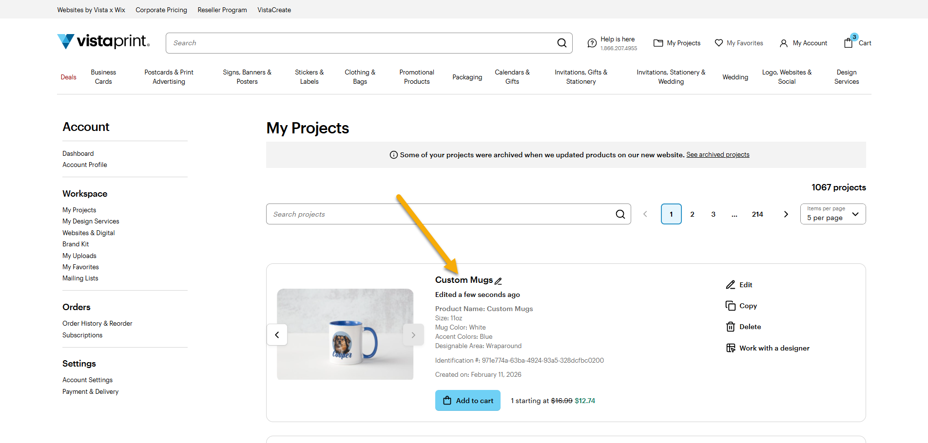 A mug design in My Projects with an arrow pointing to ‘Custom Mugs’, indicating that you need to select the name to rename the design.