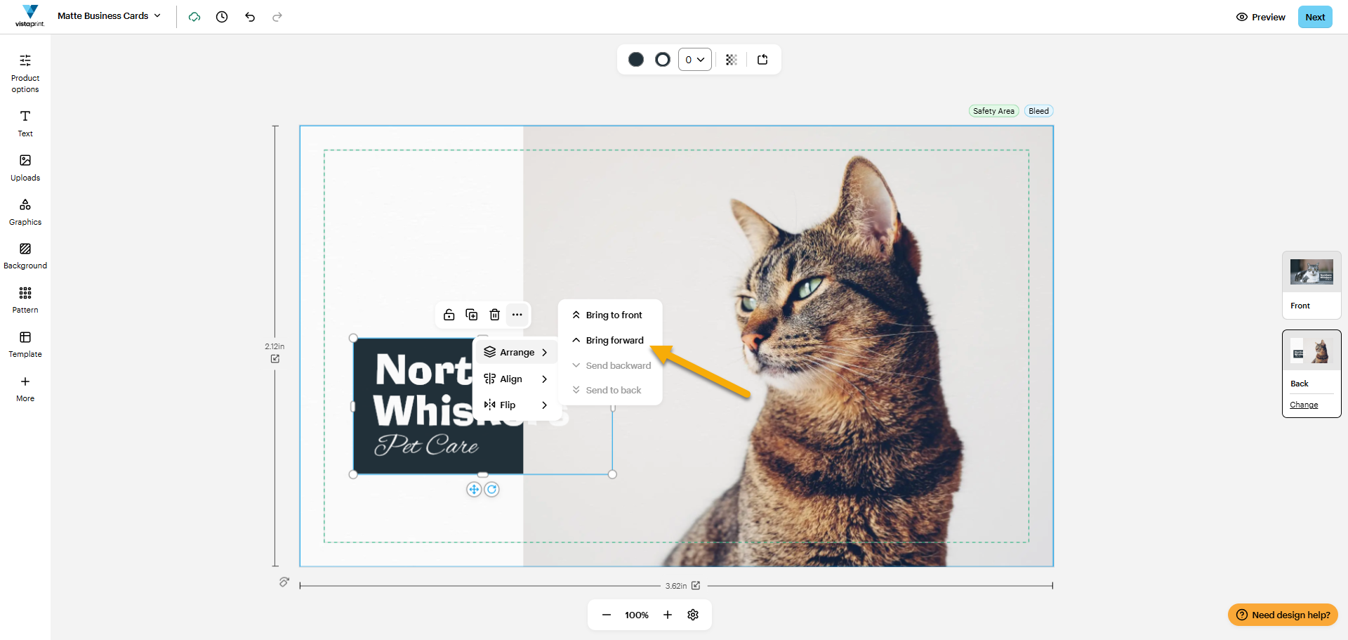 A third menu pops up with the options to arrange the layer: you can move it to the front, forward, backward and to the back. Backward and to the back is greyed out because the rectangle is layered at the bottom. The arrow points to Bring forward.