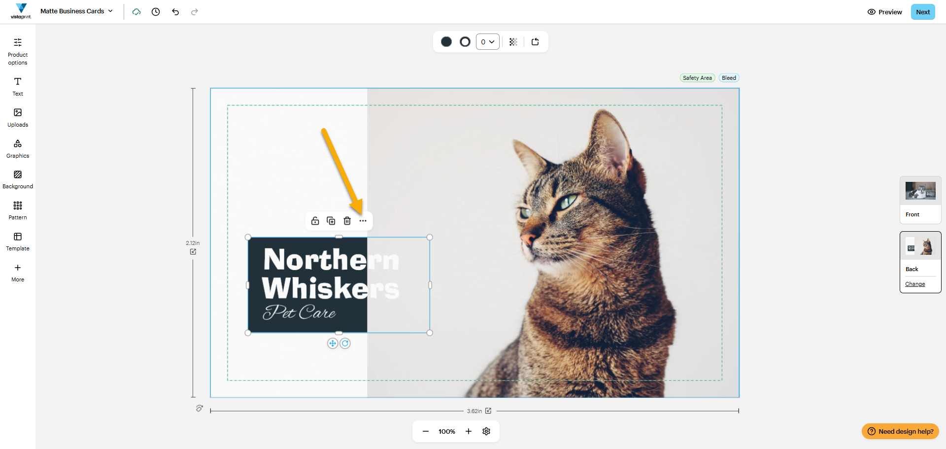 In the business card of the pet care business ‘Northern Whiskers’, a toolbar pops up above the rectangle. An arrow points to ‘more tools’ which is indicated by the three vertical dots on the right.