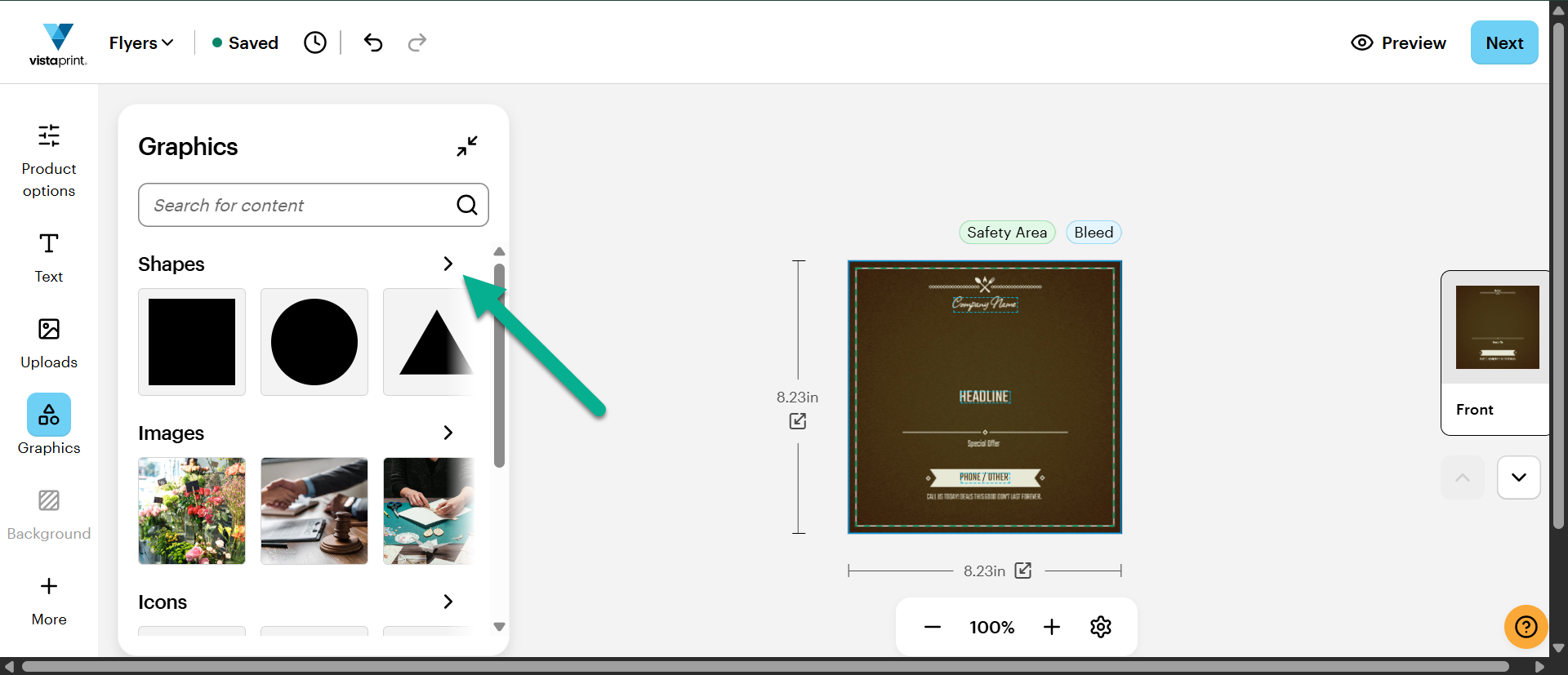 The arrow next to the Shapes category is highlighted, indicating the option to expand the full library of geometric elements.