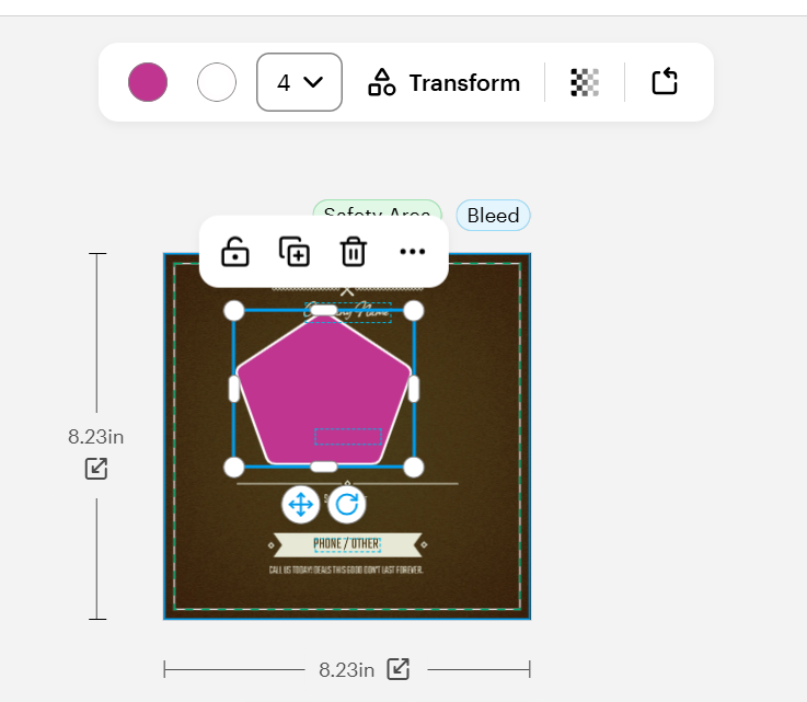 The pentagon on the canvas is filled with purple, featuring active transformation handles and a top toolbar for colour and border adjustments.